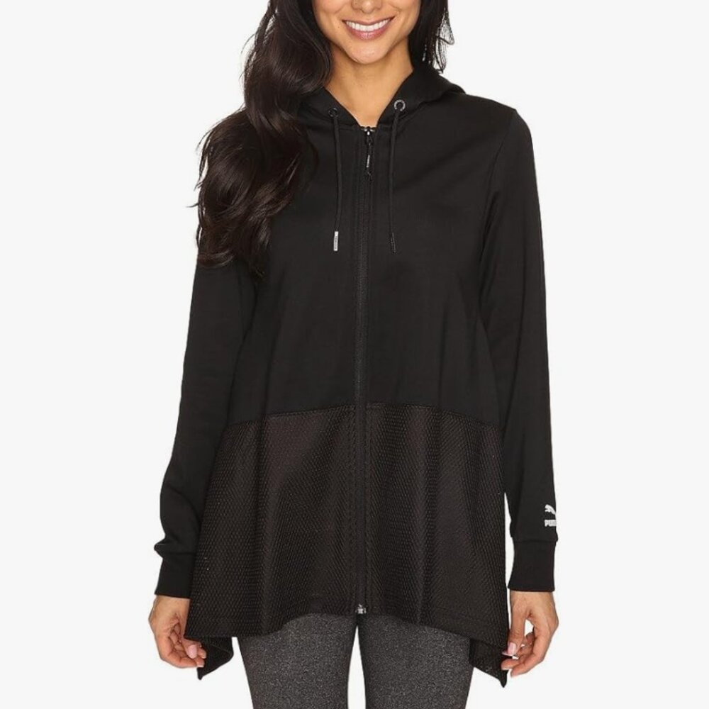 PUMA Women's Black EVO Mesh Panel Athletic Drapy Full Zip Hoodie M